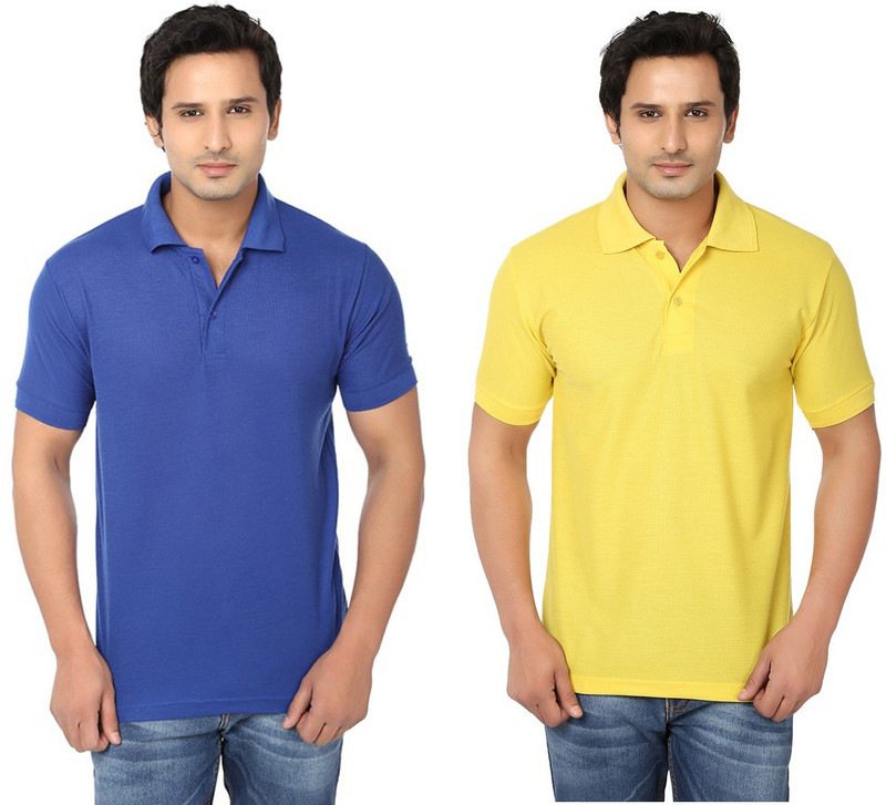 Keepsake Solid Men Polo Neck Blue, Yellow T-Shirt(Pack of 2)