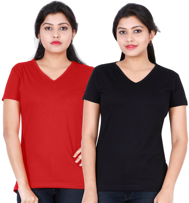 FLEXIMAA Solid Women V-neck Black, Red T-Shirt(Pack of 2)