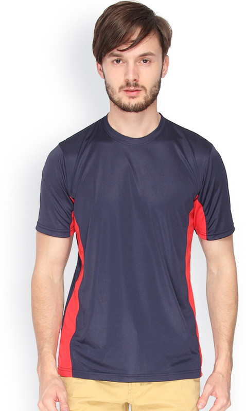 Campus Sutra Solid Men Round or Crew Denim Blue, Red T-Shirt