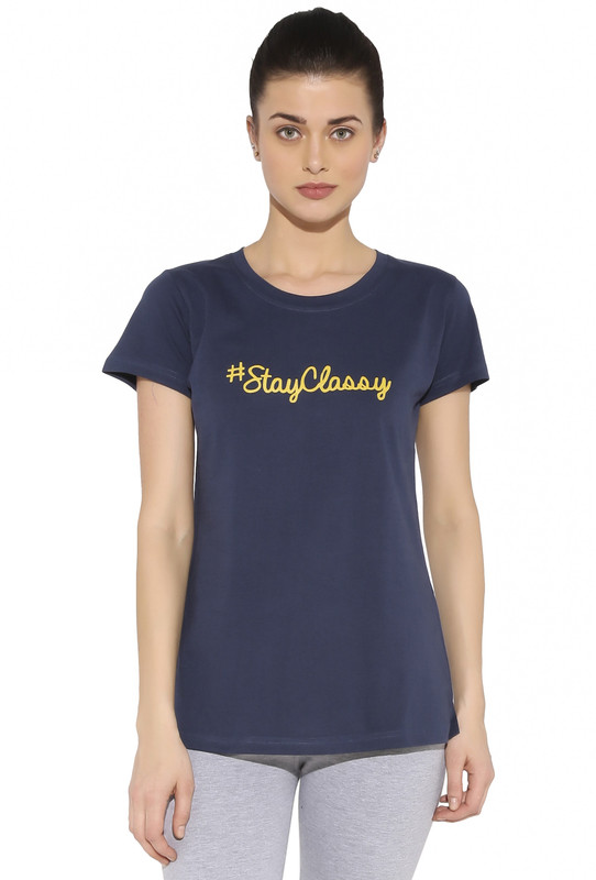 Red Ring Printed Women Round Neck Blue T-Shirt