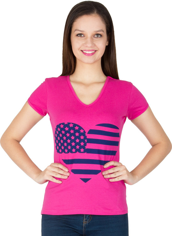 Ausehen Solid Women V-neck Pink T-Shirt