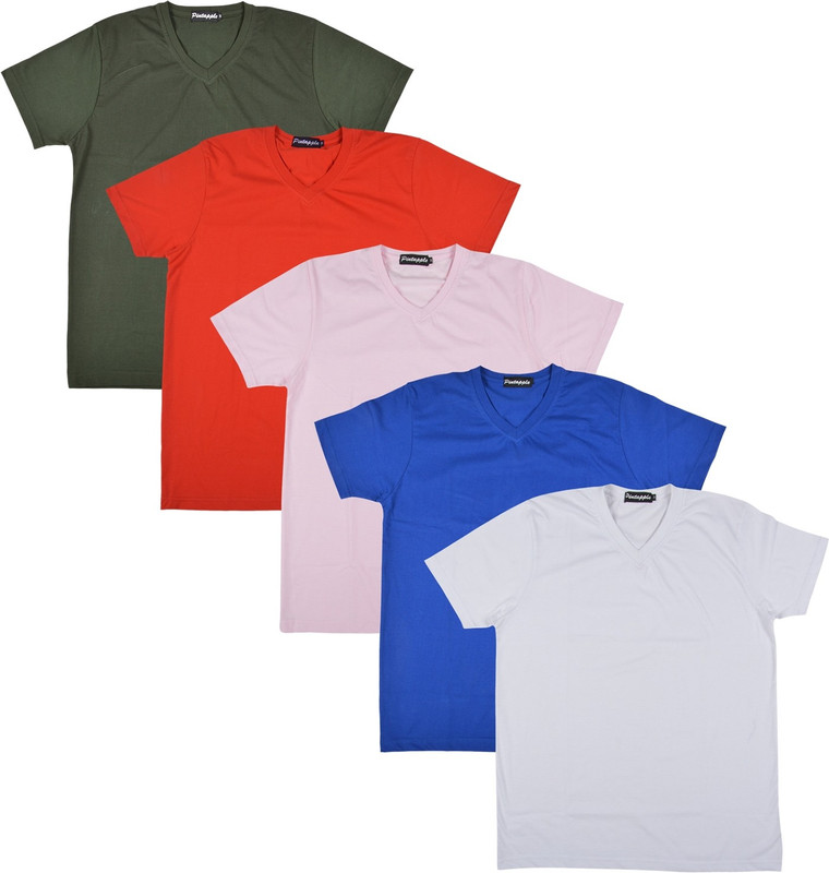 Pintapple Solid Men V-neck White, Blue, Pink, Red, Dark Green T-Shirt(Pack of 5)