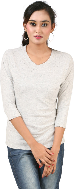 Hypernation Solid Women Round Neck White, Beige T-Shirt