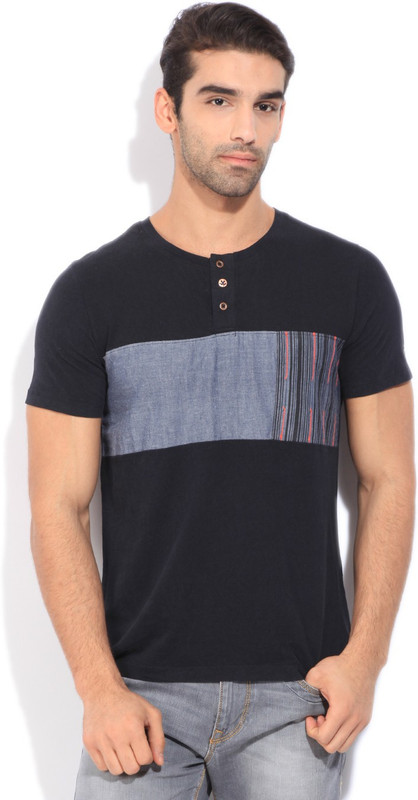 WROGN Striped Men Henley Black, Grey T-Shirt WROGN Striped Men Henley Black, Grey T-Shirt
