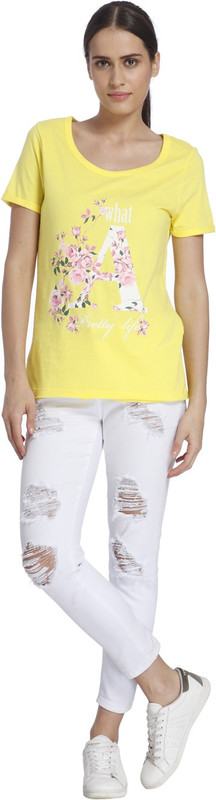 Vero Moda Printed Women Round Neck Yellow T-Shirt