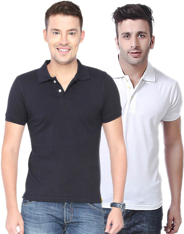 Concepts Solid Men Polo Neck Dark Blue, White T-Shirt(Pack of 2)