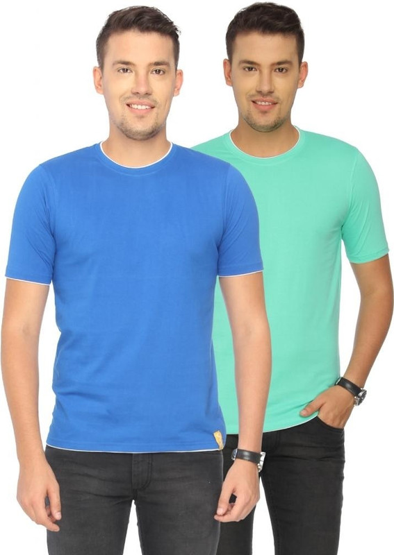 Campus Sutra Solid Men Round or Crew Green, Blue T-Shirt(Pack of 2)