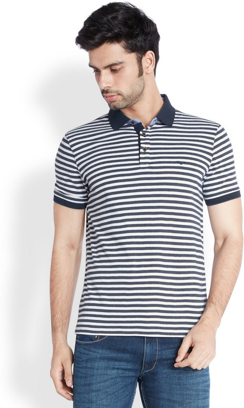 Park Avenue Striped Men Flap Collar Neck Black T-Shirt