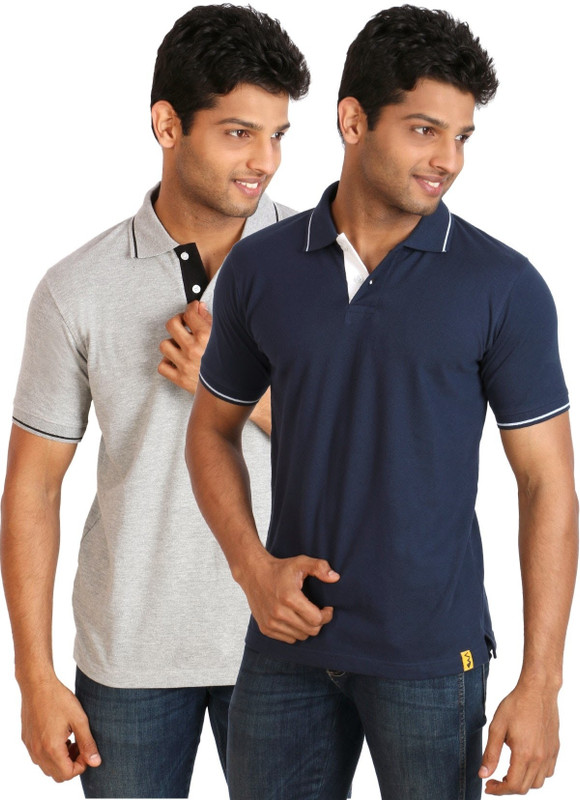 Campus Sutra Solid Men Polo Neck Blue, Grey T-Shirt(Pack of 2)