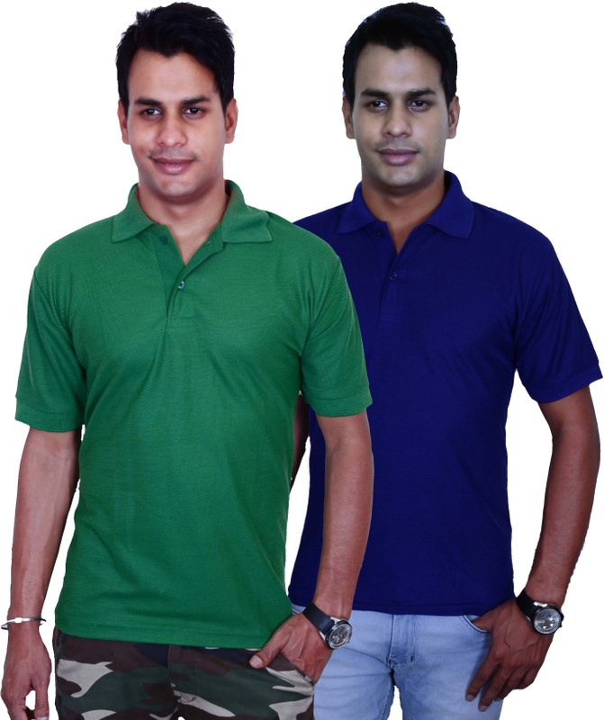 Blaze Solid Men Polo Neck Green, Blue T-Shirt(Pack of 2)