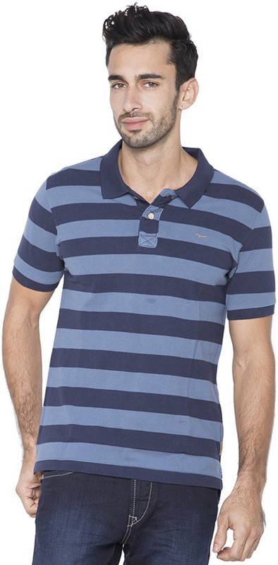 Flying Machine Striped Men Polo Neck Blue T-Shirt