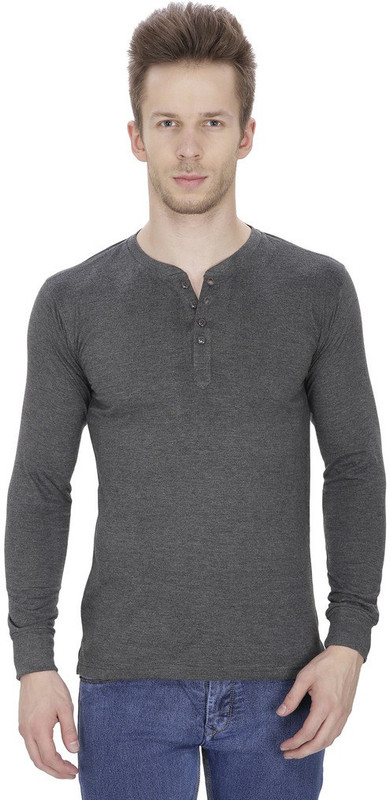 Pintapple Solid Men Henley Grey T-Shirt