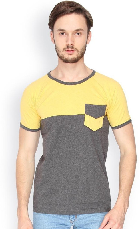 Campus Sutra Solid Men Round or Crew Yellow, Grey T-Shirt