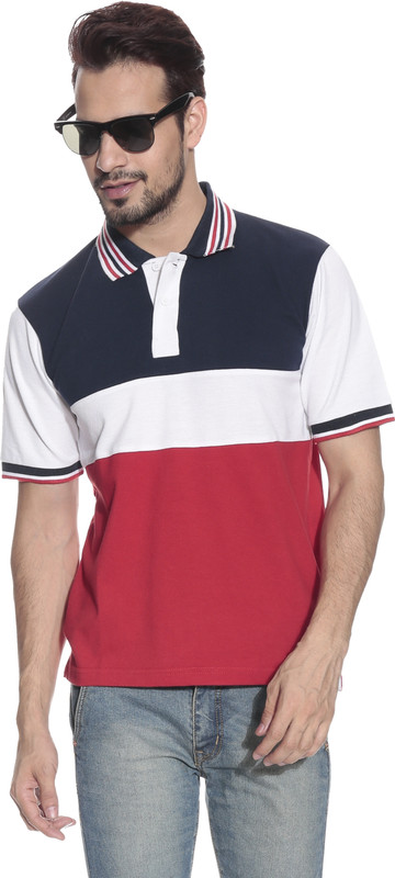 Leana Solid Men Polo Neck Blue, Red T-Shirt