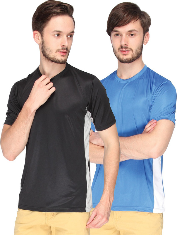 Campus Sutra Solid Men Round or Crew Denim Black, Blue T-Shirt(Pack of 2)