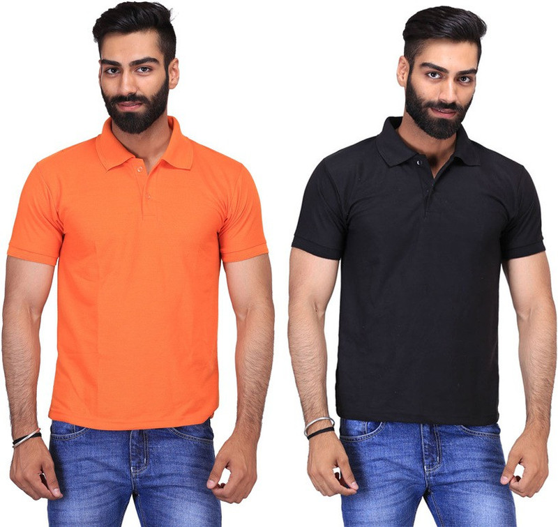 Fuego Solid Men Polo Neck Black, Orange T-Shirt(Pack of 2)