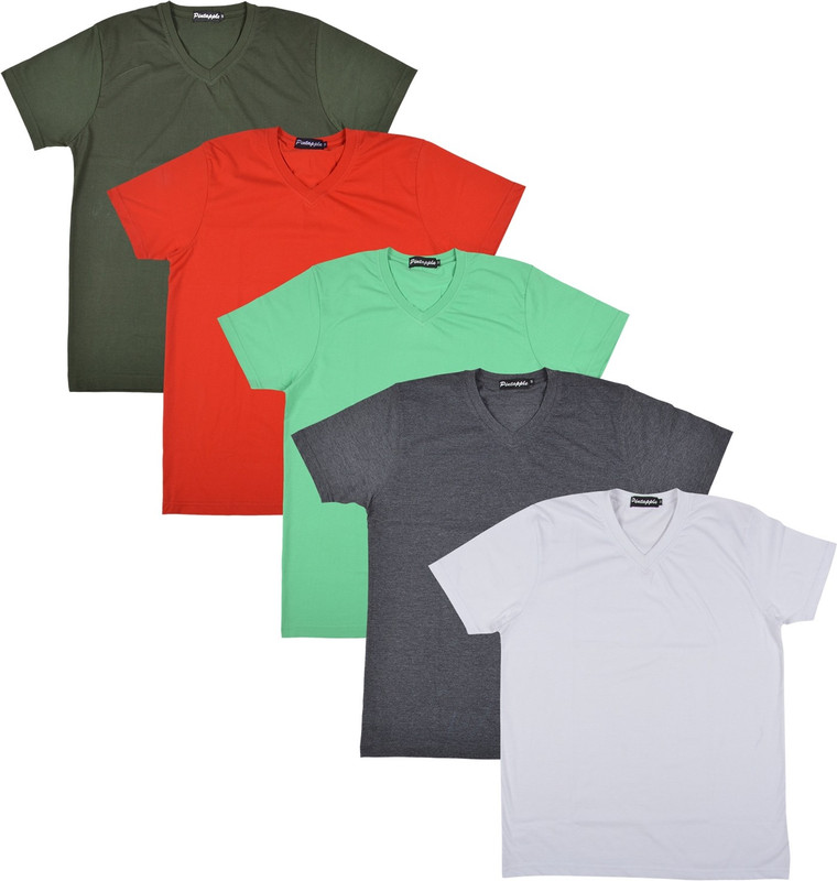 Pintapple Solid Men V-neck White, Grey, Light Green, Red, Dark Green T-Shirt(Pack of 5)