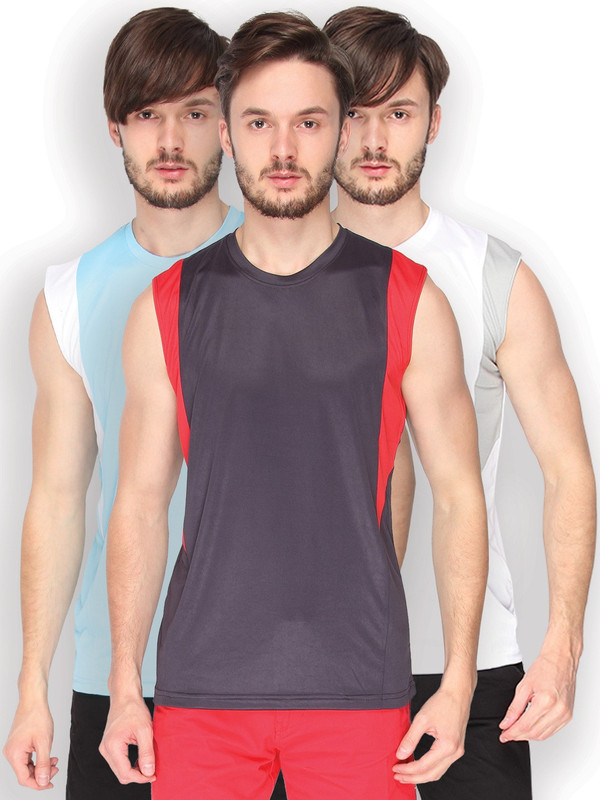 Campus Sutra Solid Men Round or Crew Denim Blue, Red, Light Green, White, White, Grey T-Shirt(Pack of 3)