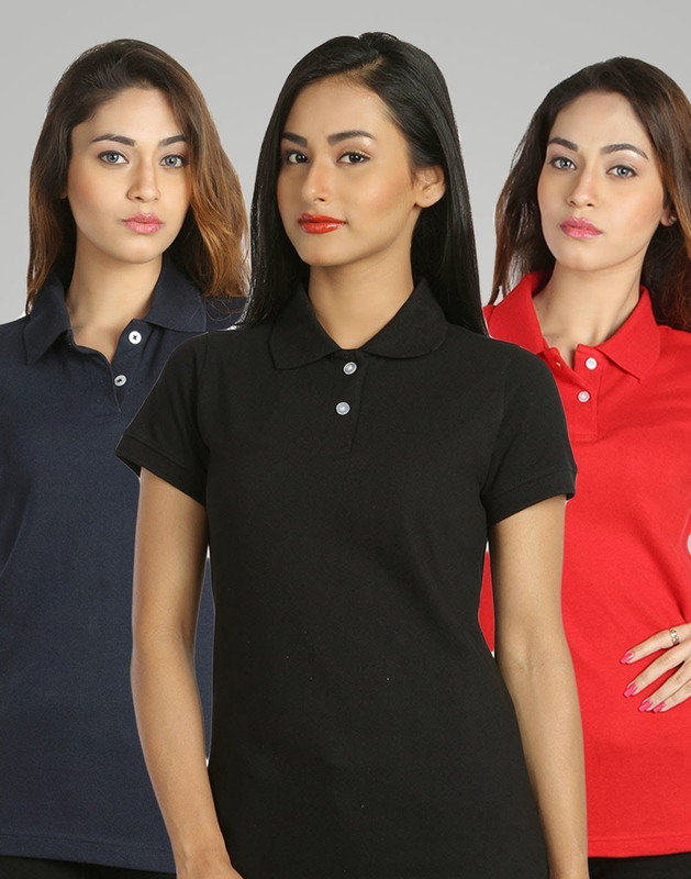 Campus Sutra Solid Women Polo Neck Red, Black, Blue T-Shirt(Pack of 3)
