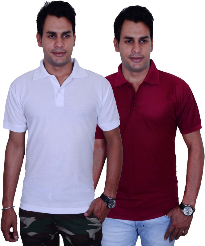 Blaze Solid Men Polo Neck White, Maroon T-Shirt(Pack of 2)