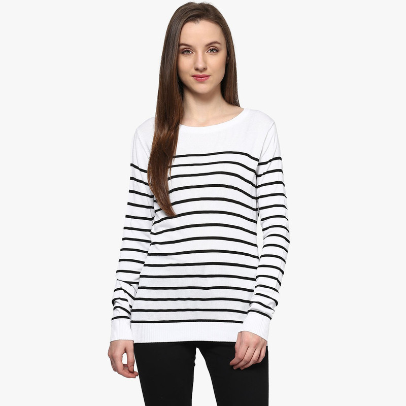 Annabelle by Pantaloons Striped Women Round Neck White T-Shirt