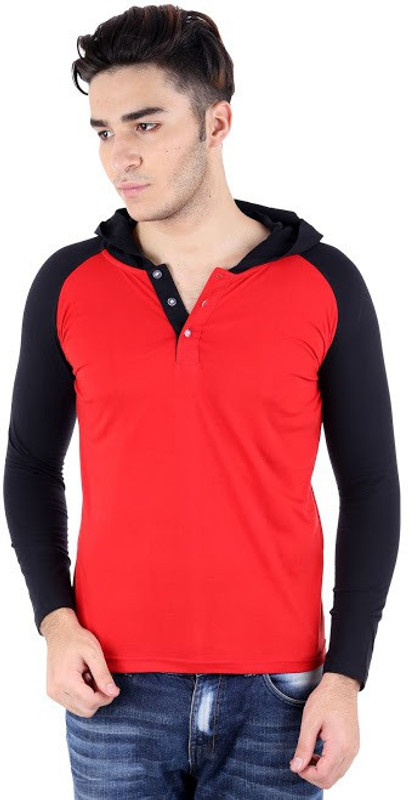 BigIdea Solid Men Hooded Red, Black T-Shirt