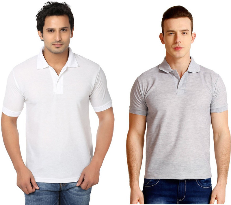 Keepsake Solid Men Polo Neck White, Grey T-Shirt(Pack of 2)