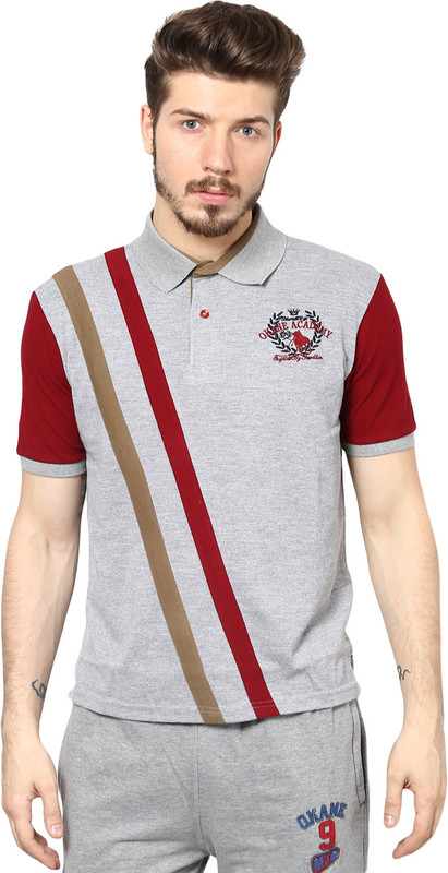 Okane Self Design Men Polo Neck Grey T-Shirt
