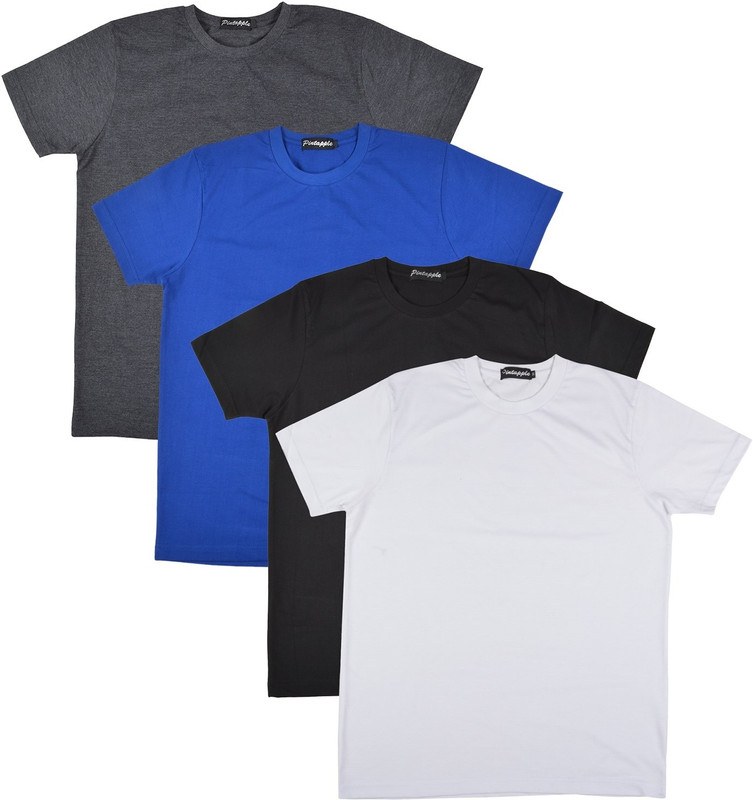 Pintapple Solid Men Round Neck White, Black, Blue, Grey T-Shirt(Pack of 4)