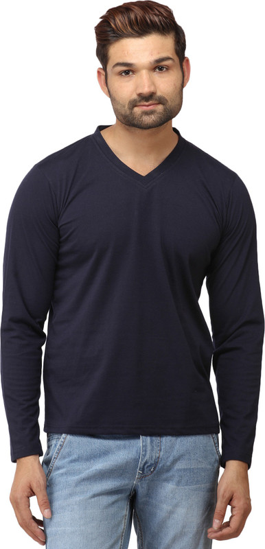 Leana Solid Men Round Neck Blue T-Shirt