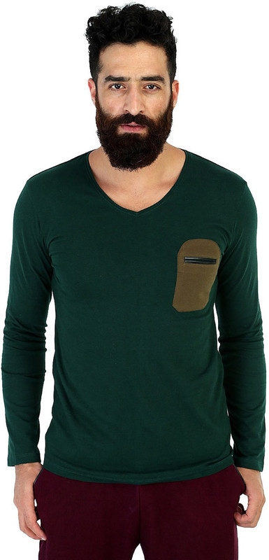 Mr Button Solid Men V-neck Dark Green T-Shirt
