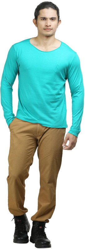 Oviyon Solid Men Boat Neck Green T-Shirt