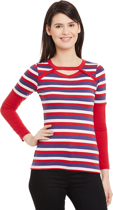 Hypernation Striped Women Scoop Neck Red, Blue, White T-Shirt