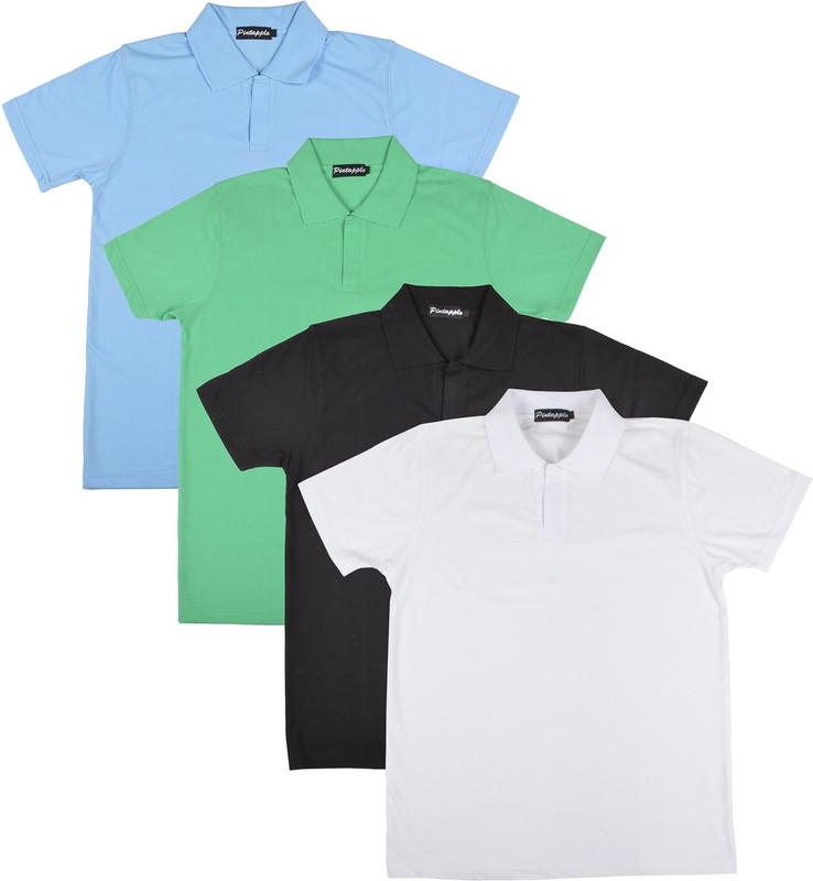 Pintapple Solid Men Polo Neck White, Black, Light Green, Light Blue T-Shirt(Pack of 4)