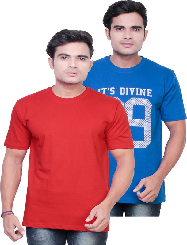 Fashionable Printed Men Round Neck Red, Blue T-Shirt(Pack of 2)