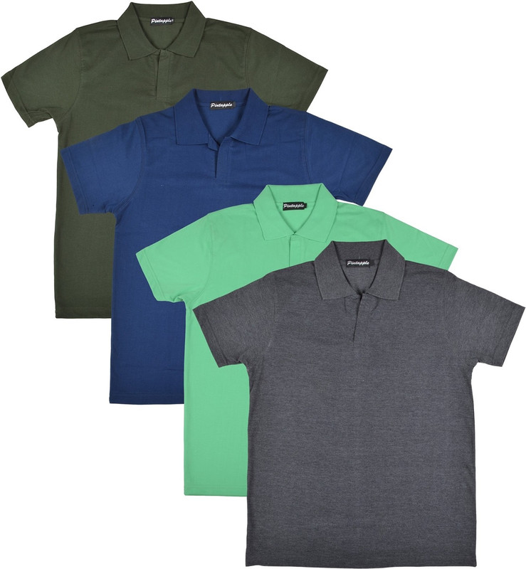 Pintapple Solid Men Polo Neck Grey, Light Green, Dark Blue, Dark Green T-Shirt(Pack of 4)