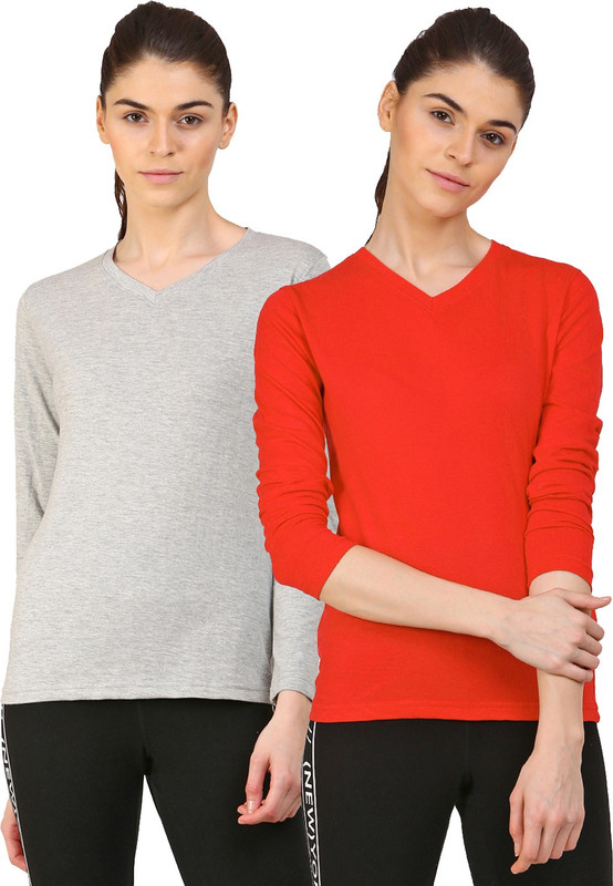 Ap'pulse Solid Women V-neck Grey, Red T-Shirt(Pack of 2)
