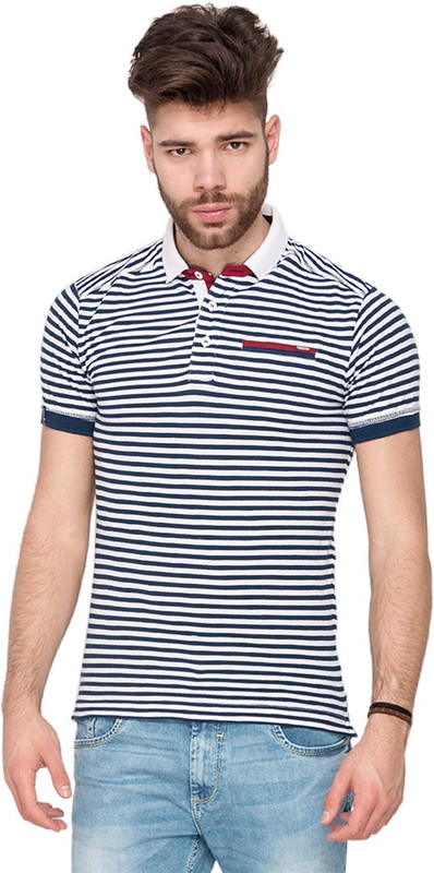 Mufti Striped Men Polo Neck Dark Blue T-Shirt