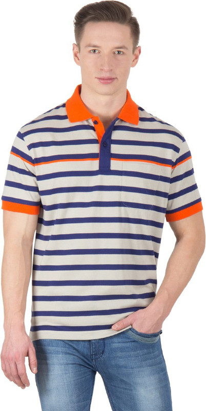 Wilkins & Tuscany Striped Men Polo Neck Grey T-Shirt