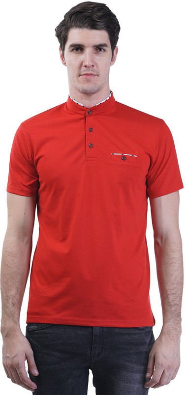 Griffel Solid Men Mandarin Collar Red T-Shirt