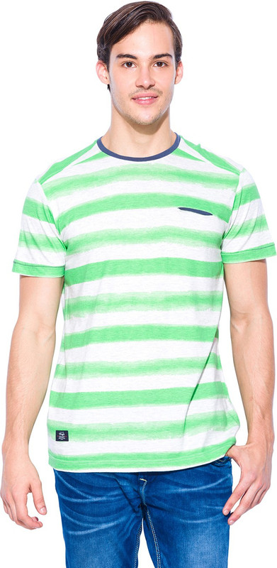 Mufti Striped Men Round Neck Green, White T-Shirt