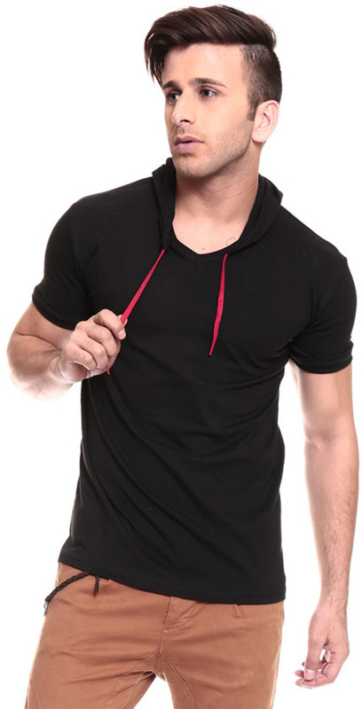 Izinc Solid Men Hooded Black T-Shirt