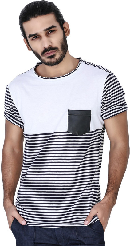 Mr Button Striped Men Round Neck Blue T-Shirt