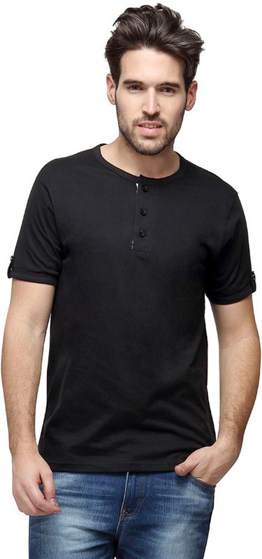 Campus Sutra Solid Men Henley Black T-Shirt