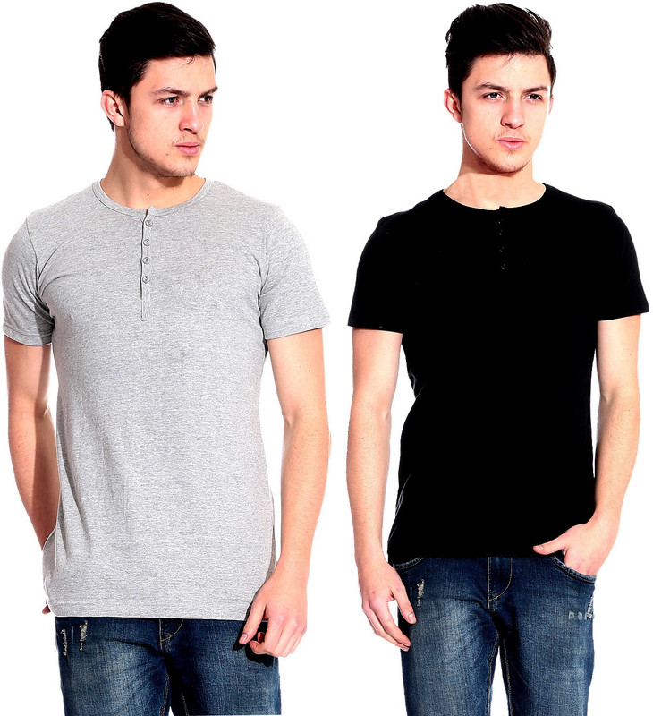 Lemon & Vodka Solid Men Henley Black, Grey T-Shirt(Pack of 2)