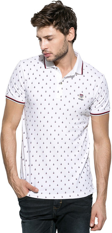 Mufti Self Design Men Polo Neck White T-Shirt