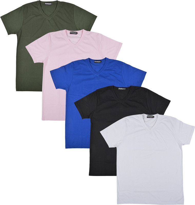 Pintapple Solid Men V-neck White, Black, Blue, Pink, Dark Green T-Shirt(Pack of 5)