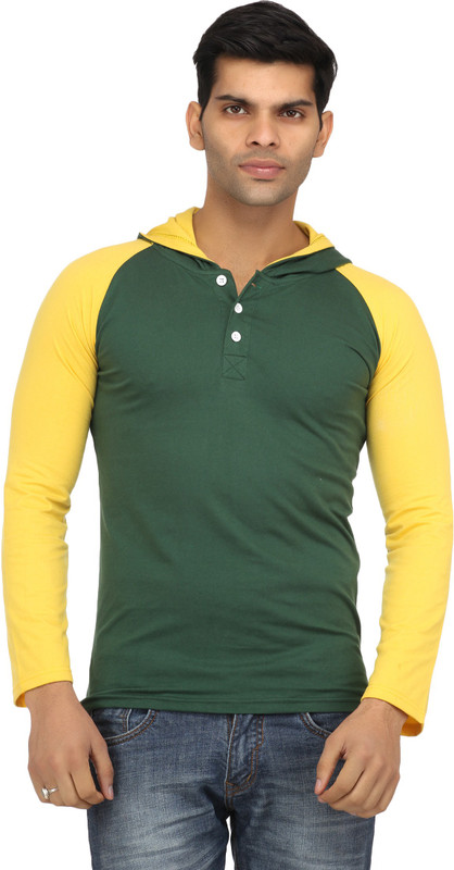 Leana Solid Men Round Neck Dark Green, Yellow T-Shirt