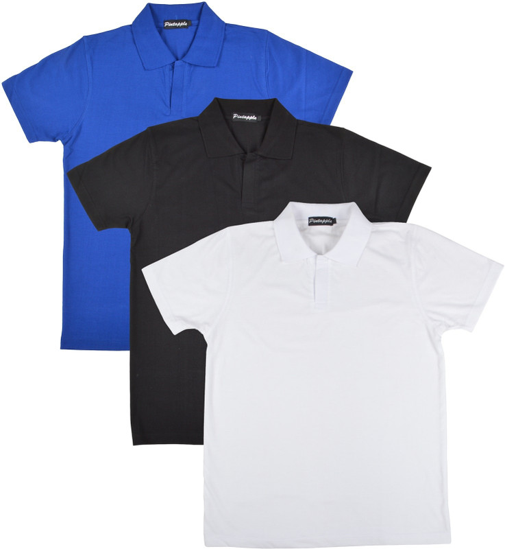 Pintapple Solid Men Polo Neck White, Black, Blue T-Shirt(Pack of 3)