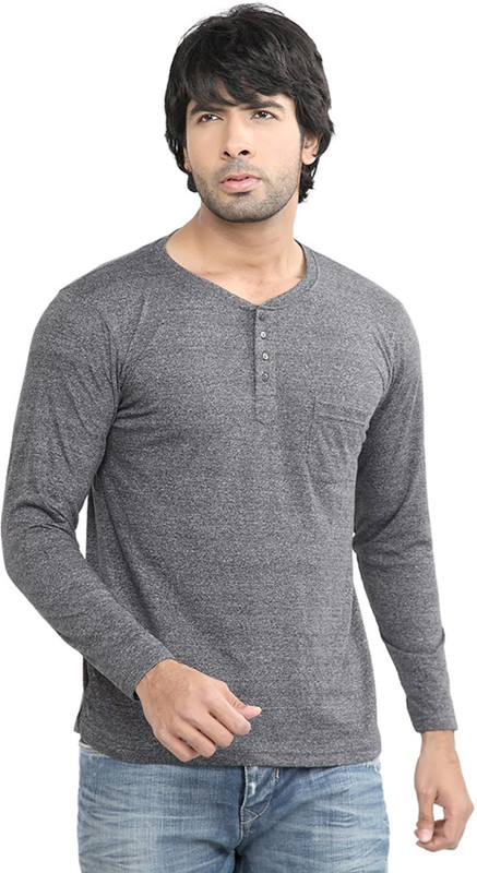 DIFFERENCE OF OPINION Solid Men Henley Grey T-Shirt